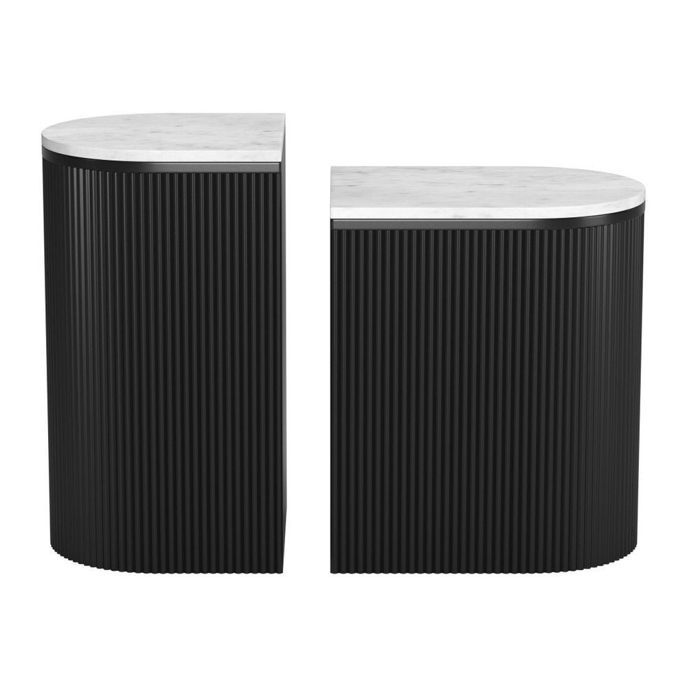 Set of Two Black And White Solid Wood And Marble Oval Block End Tables HomeRoots