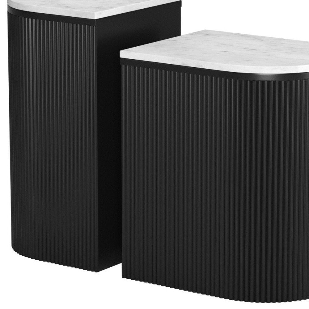 Set of Two Black And White Solid Wood And Marble Oval Block End Tables HomeRoots
