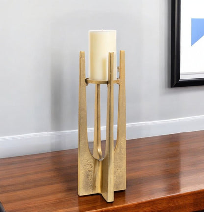 16" Gold Distressed Aluminum Geometric Tabletop Pillar Candle Holder HomeRoots