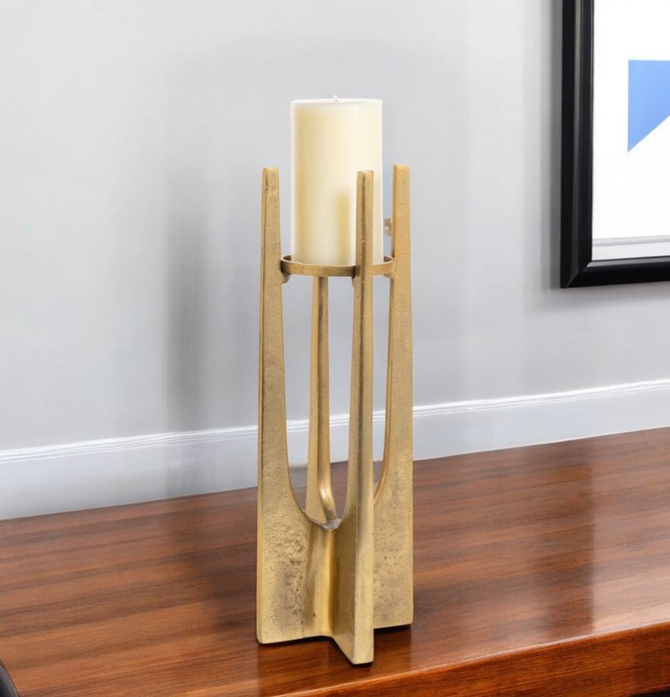 16" Gold Distressed Aluminum Geometric Tabletop Pillar Candle Holder HomeRoots