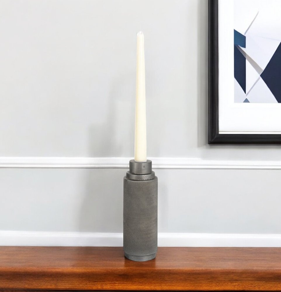 7" Gray Distressed Aluminum Geometric Tabletop Taper Candle Holder HomeRoots