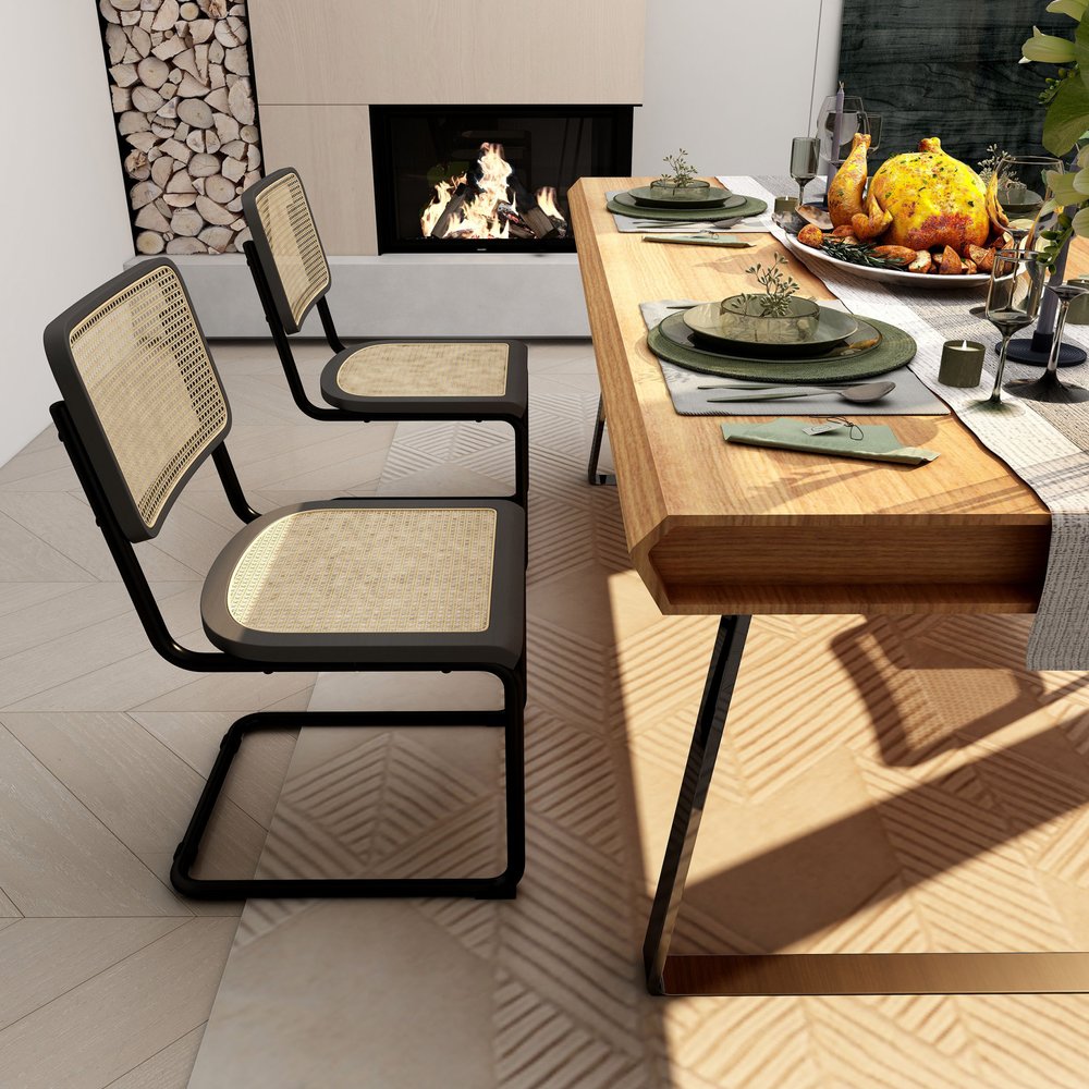 Set of Two Black and Natural Steel Open Back Dining Side Chairs HomeRoots