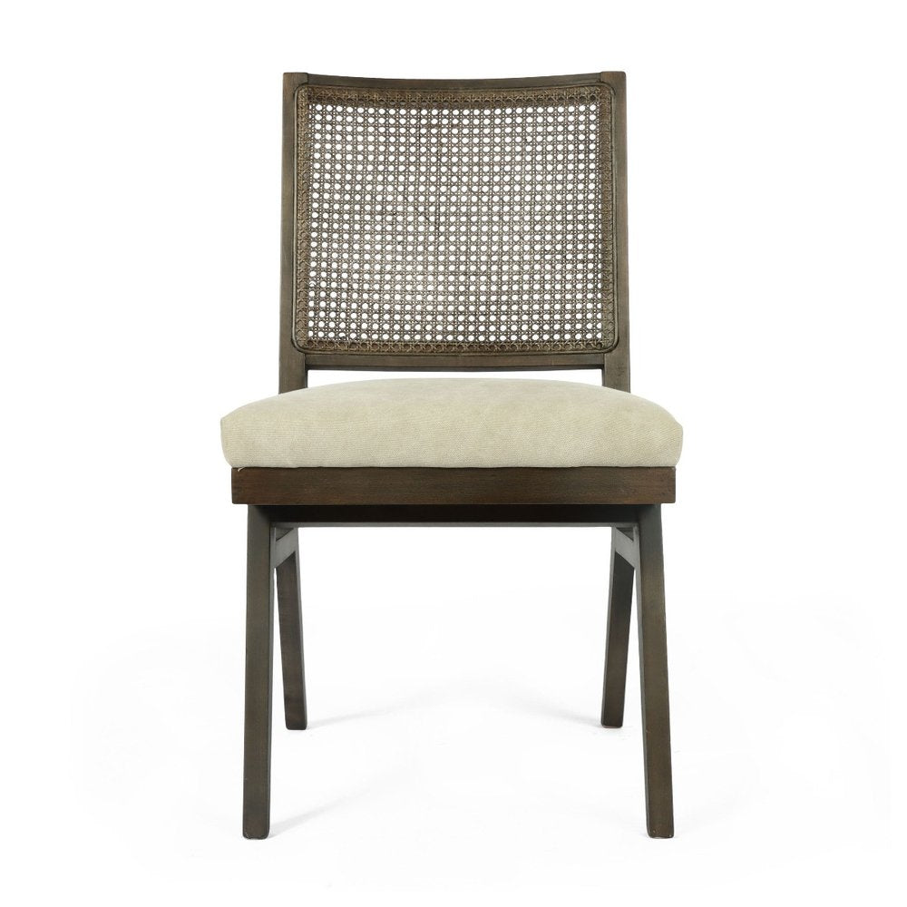 Set of Two Dark Brown And Gray Wood Cane And Upholstery Dining Side Chairs HomeRoots