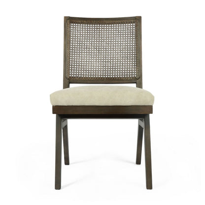 Set of Two Dark Brown And Gray Wood Cane And Upholstery Dining Side Chairs HomeRoots
