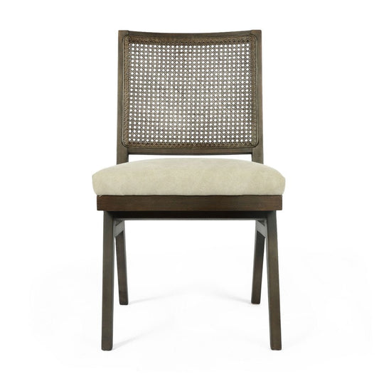 Set of Two Dark Brown And Gray Wood Cane And Upholstery Dining Side Chairs HomeRoots
