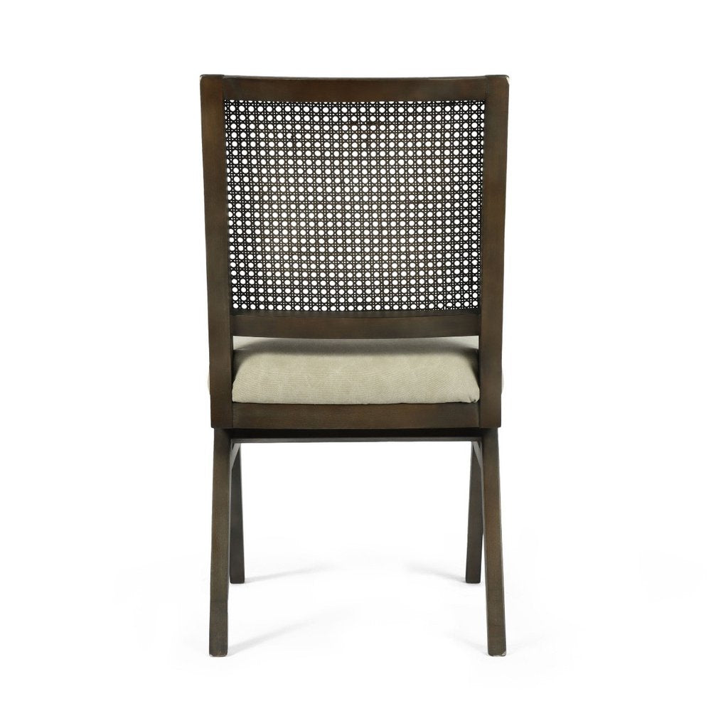 Set of Two Dark Brown And Gray Wood Cane And Upholstery Dining Side Chairs HomeRoots
