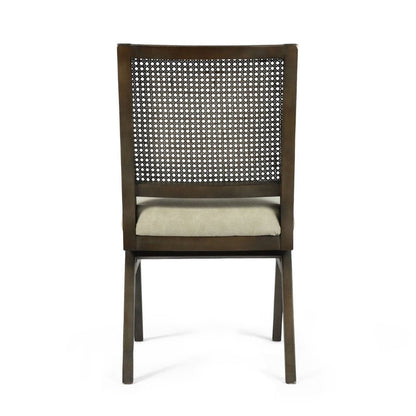 Set of Two Dark Brown And Gray Wood Cane And Upholstery Dining Side Chairs HomeRoots