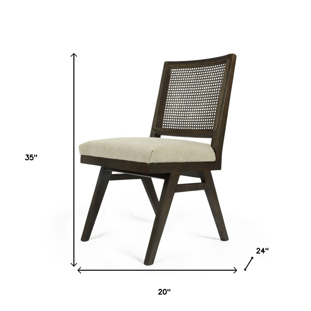 Set of Two Dark Brown And Gray Wood Cane And Upholstery Dining Side Chairs HomeRoots