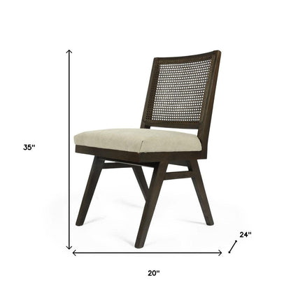 Set of Two Dark Brown And Gray Wood Cane And Upholstery Dining Side Chairs HomeRoots