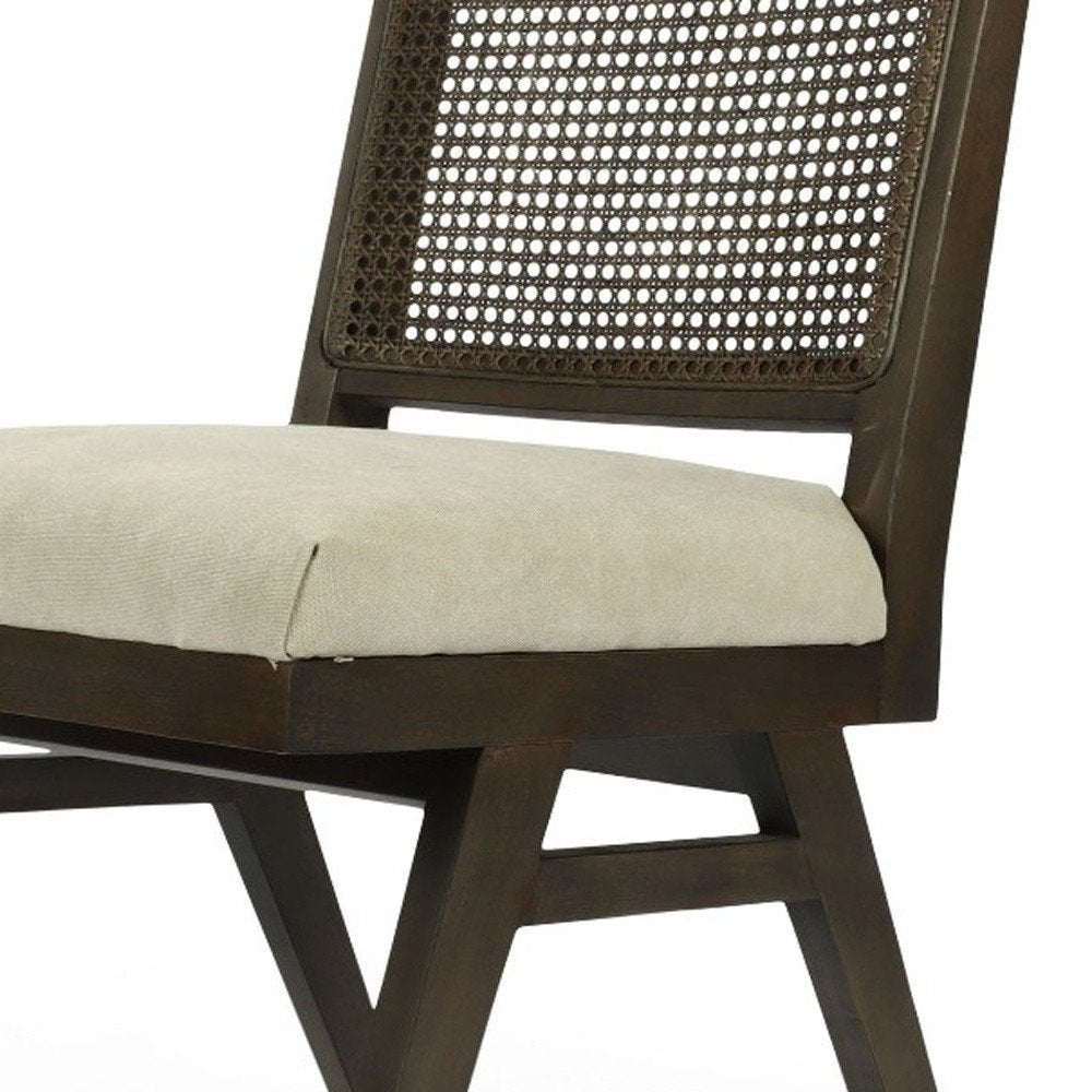 Set of Two Dark Brown And Gray Wood Cane And Upholstery Dining Side Chairs HomeRoots