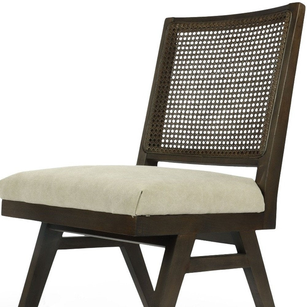 Set of Two Dark Brown And Gray Wood Cane And Upholstery Dining Side Chairs HomeRoots