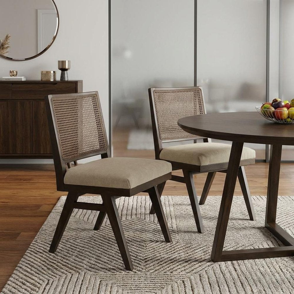Set of Two Dark Brown And Gray Wood Cane And Upholstery Dining Side Chairs HomeRoots