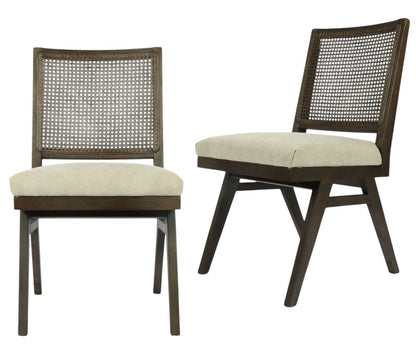 Set of Two Dark Brown And Gray Wood Cane And Upholstery Dining Side Chairs HomeRoots