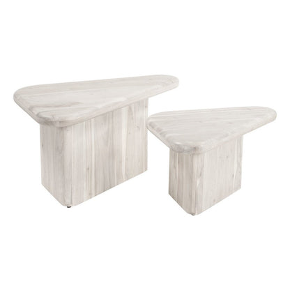 Set of Two Natural Solid Wood Triangle Pedestal Nested Coffee Tables HomeRoots