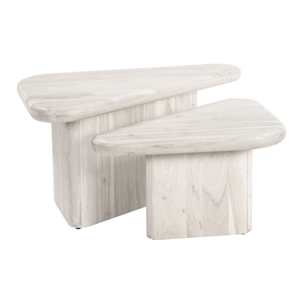 Set of Two Natural Solid Wood Triangle Pedestal Nested Coffee Tables HomeRoots