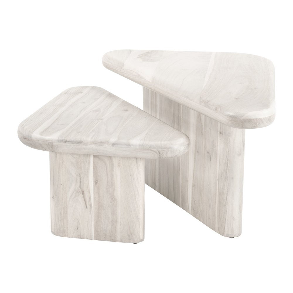 Set of Two Natural Solid Wood Triangle Pedestal Nested Coffee Tables HomeRoots