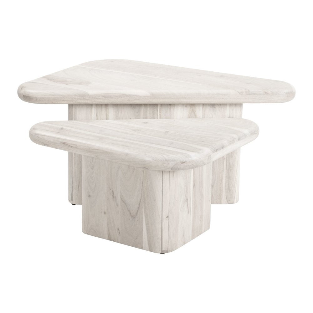 Set of Two Natural Solid Wood Triangle Pedestal Nested Coffee Tables HomeRoots