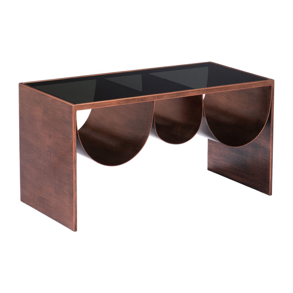 32" Black and Copper Mirrored Glass and Steel Solid Coffee Table — view 7