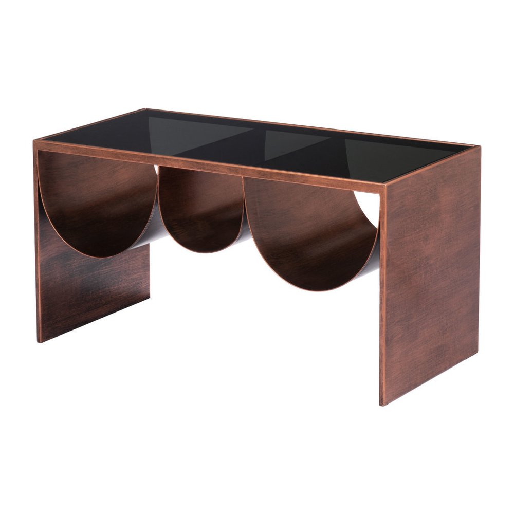 32" Black and Copper Mirrored Glass and Steel Solid Coffee Table — view 2