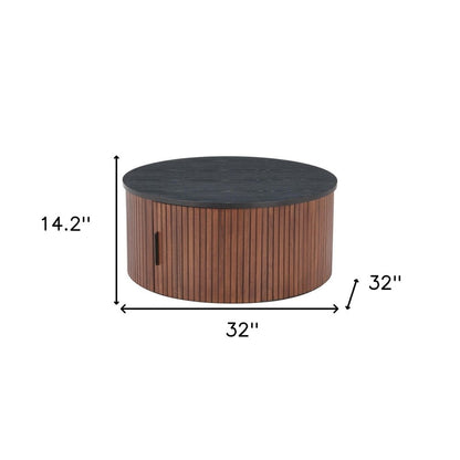 32" Black and Walnut Wood Round Drum Coffee Table HomeRoots