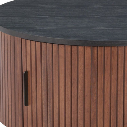 32" Black and Walnut Wood Round Drum Coffee Table HomeRoots