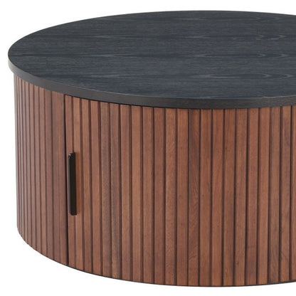 32" Black and Walnut Wood Round Drum Coffee Table HomeRoots