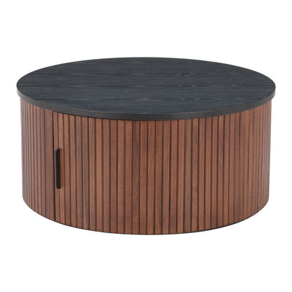 32" Black and Walnut Wood Round Drum Coffee Table HomeRoots