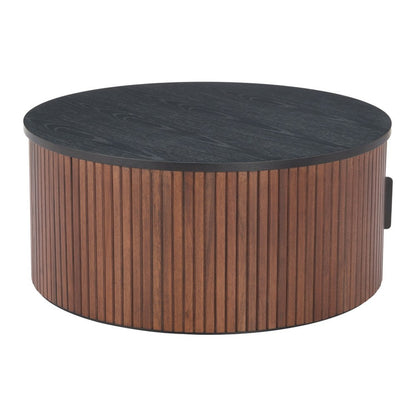 32" Black and Walnut Wood Round Drum Coffee Table HomeRoots