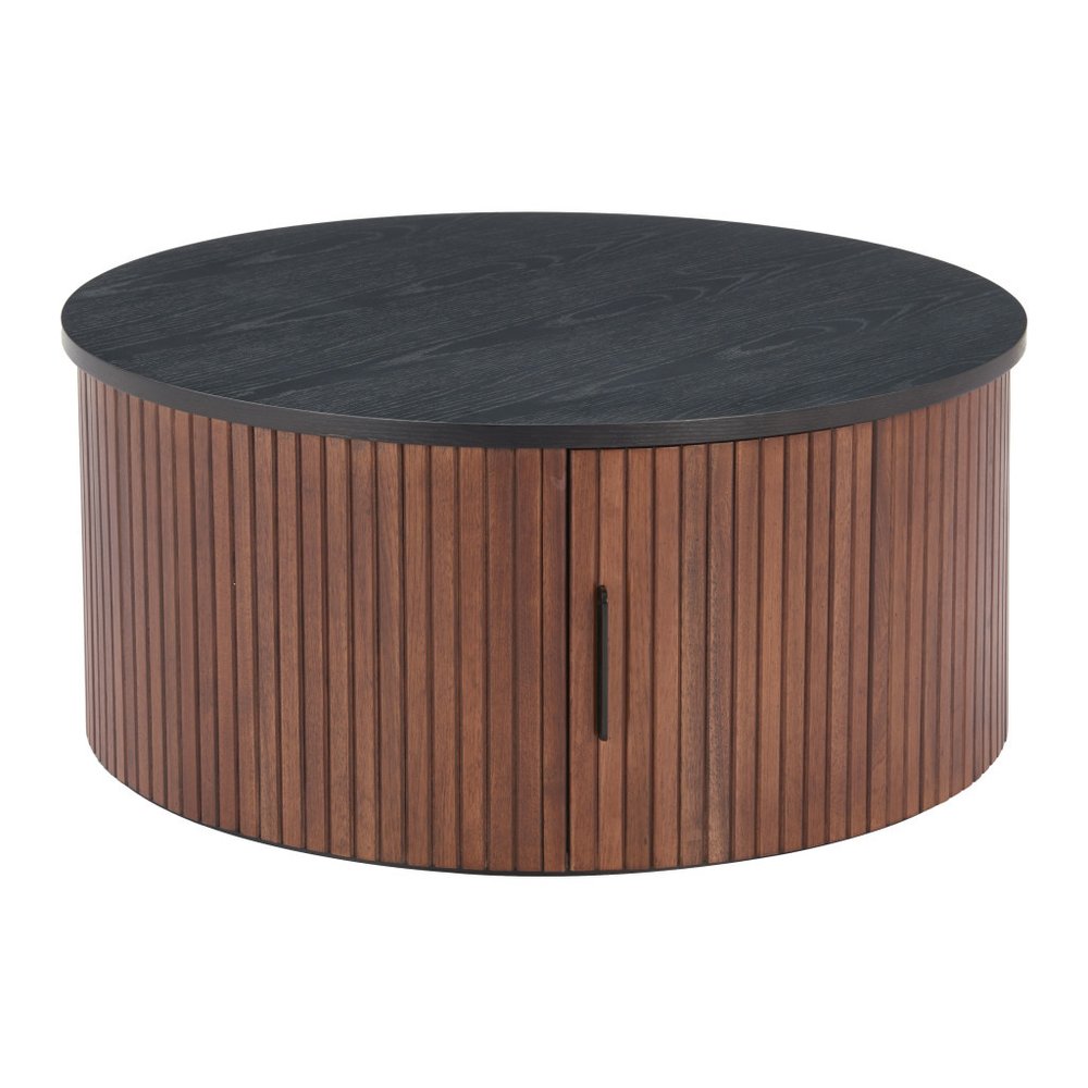 32" Black and Walnut Wood Round Drum Coffee Table HomeRoots