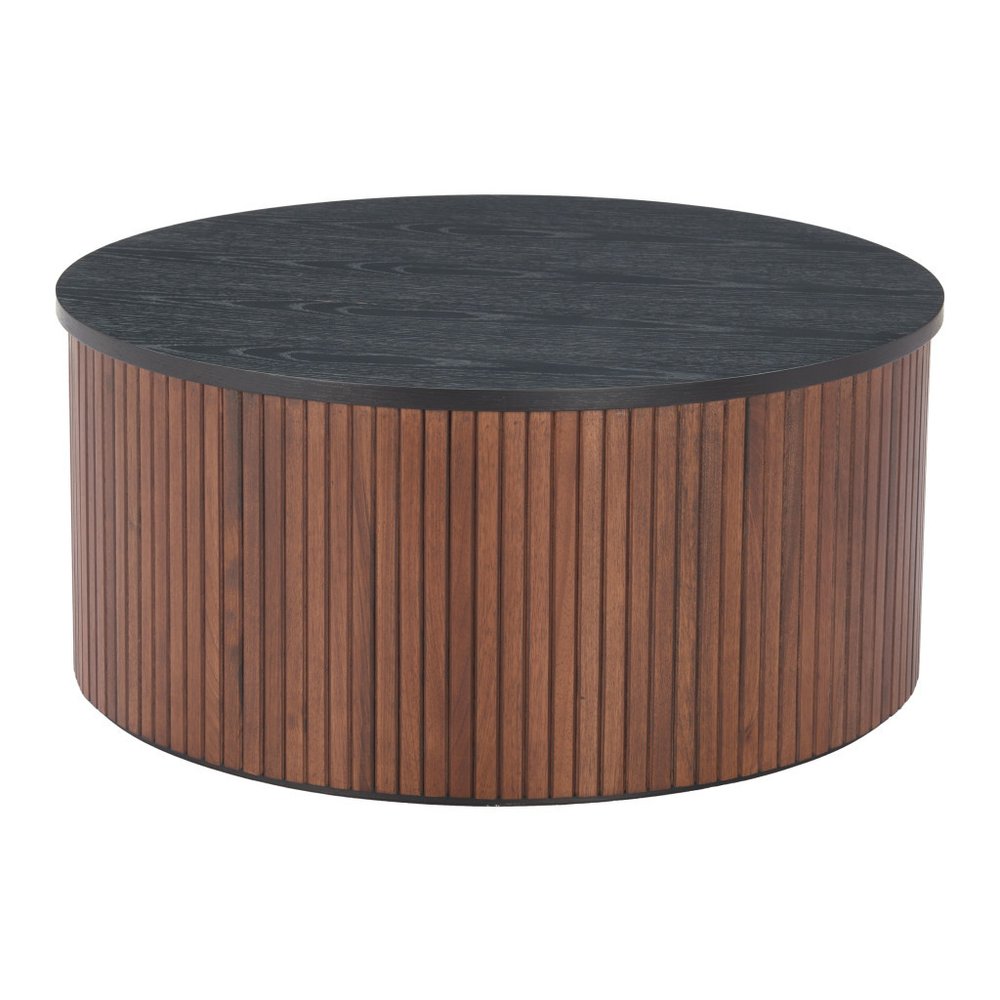 32" Black and Walnut Wood Round Drum Coffee Table HomeRoots