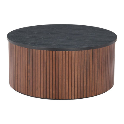 32" Black and Walnut Wood Round Drum Coffee Table HomeRoots