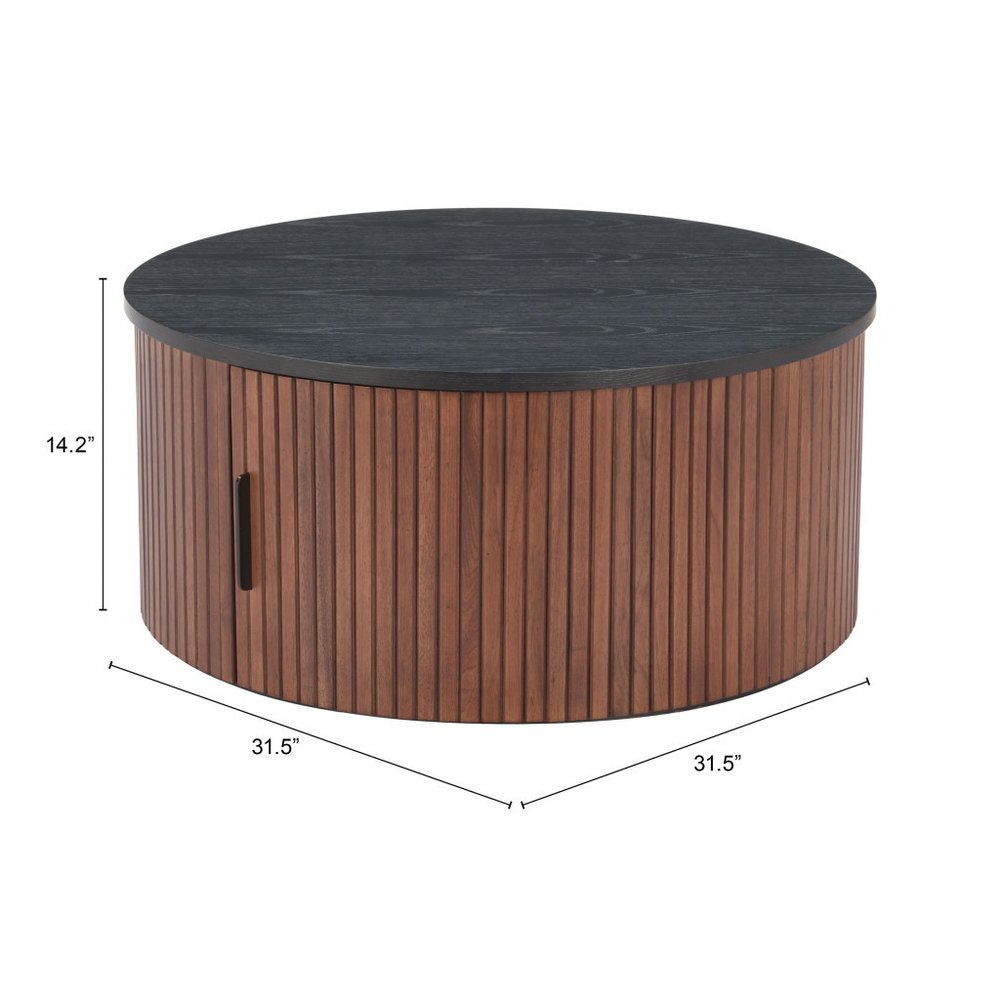 32" Black and Walnut Wood Round Drum Coffee Table HomeRoots