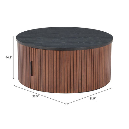 32" Black and Walnut Wood Round Drum Coffee Table HomeRoots