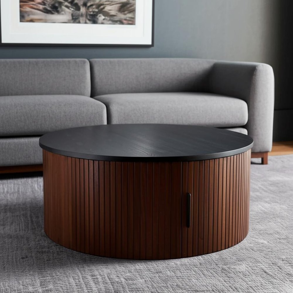 32" Black and Walnut Wood Round Drum Coffee Table HomeRoots