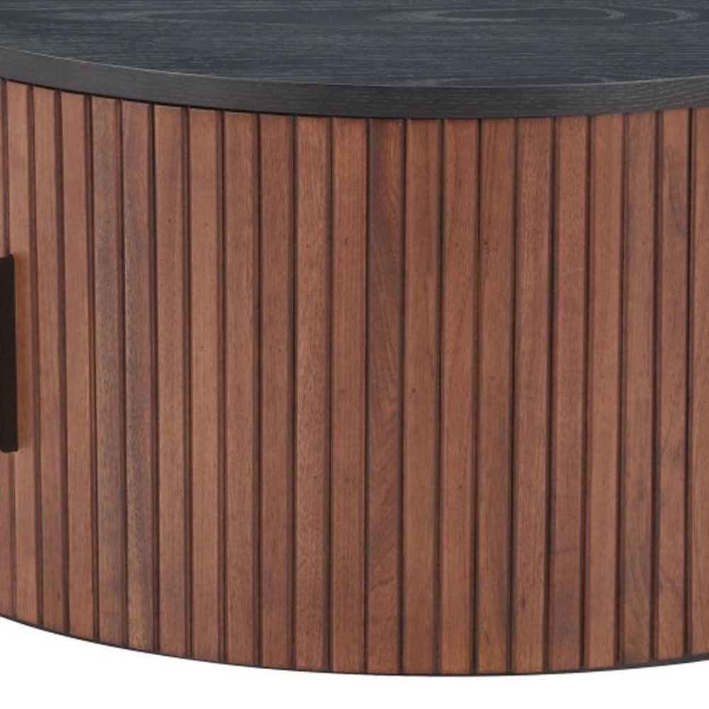 32" Black and Walnut Wood Round Drum Coffee Table HomeRoots