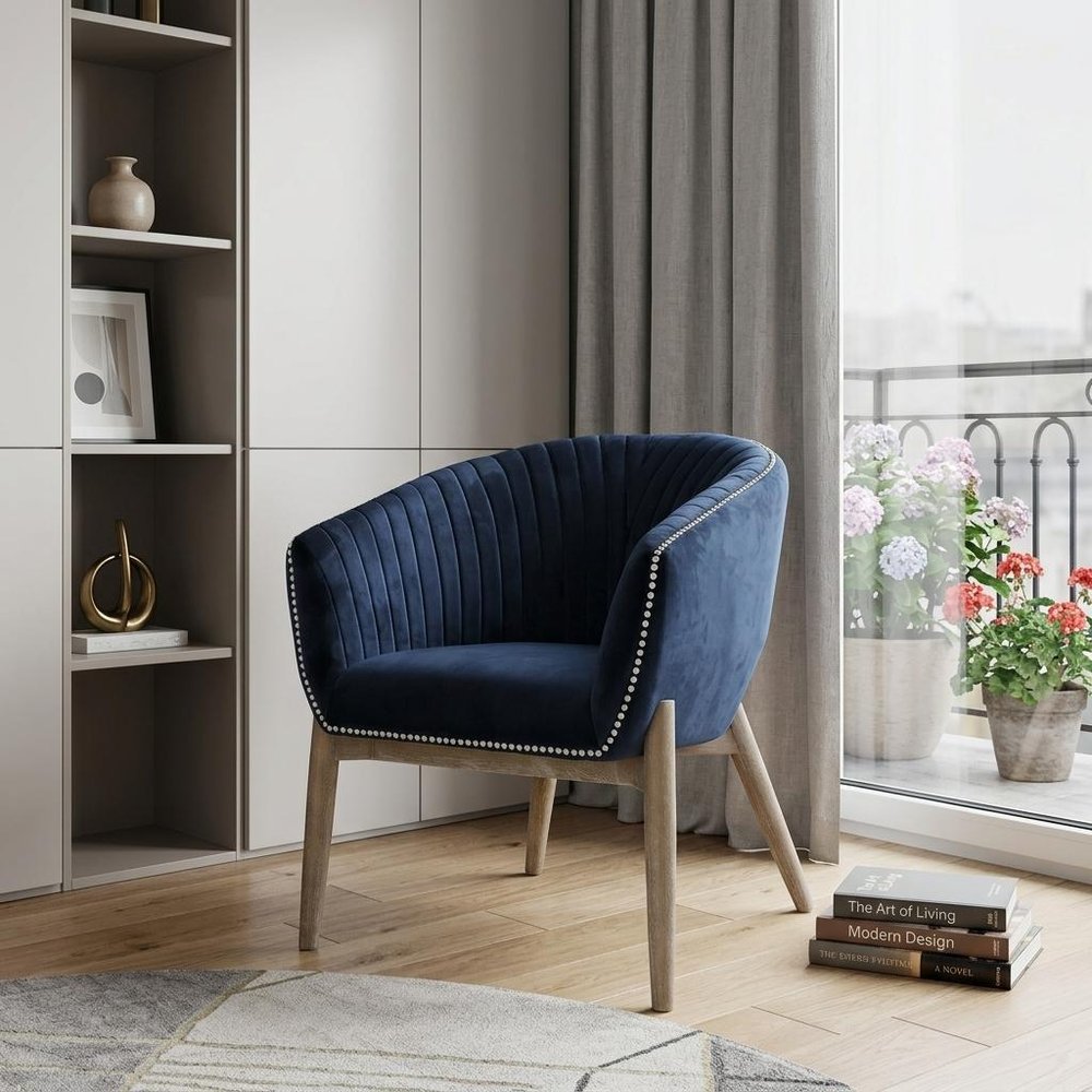 28" Blue And Brown Velvet Arm Chair HomeRoots