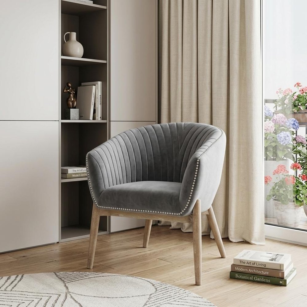 28" Gray And Brown Velvet Arm Chair HomeRoots