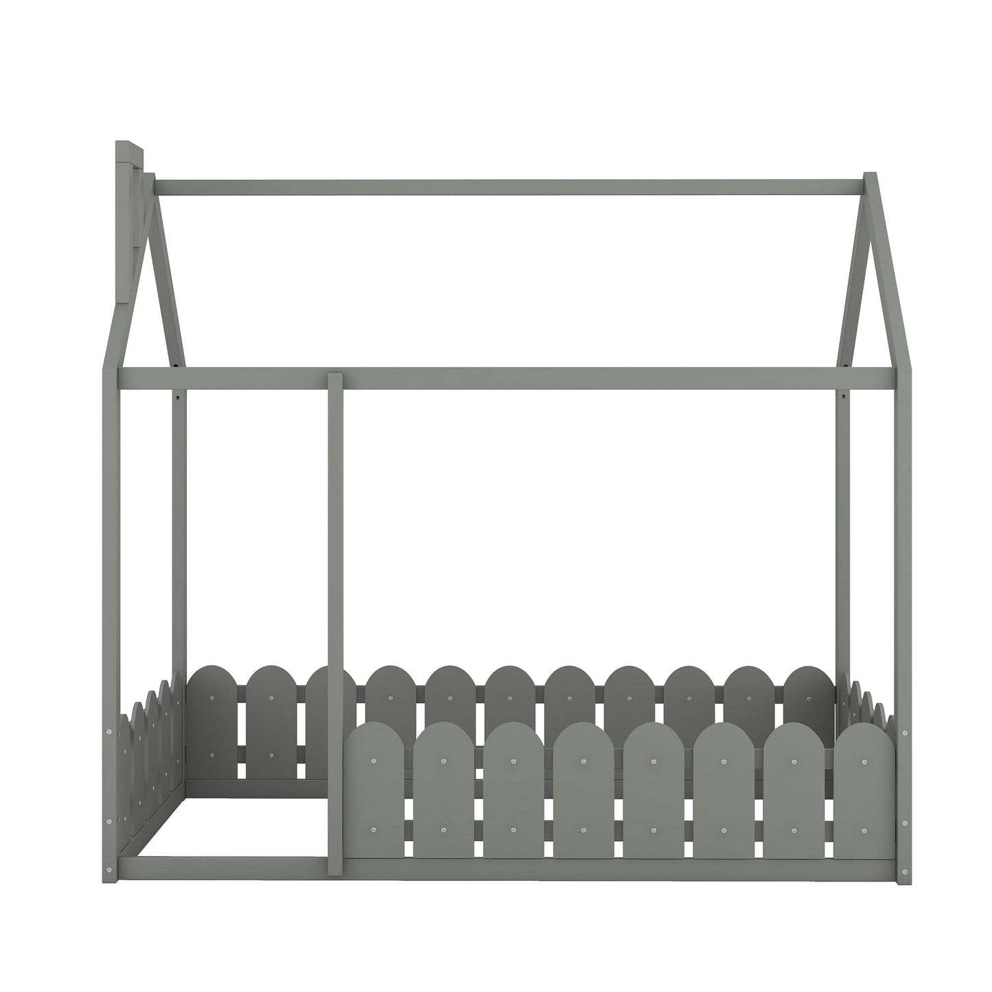 {Slats are not included}Twin Size Wood Bed House Bed Frame with Fence for Kids Teens Girls Boys {Gray} - FurniFindUSA