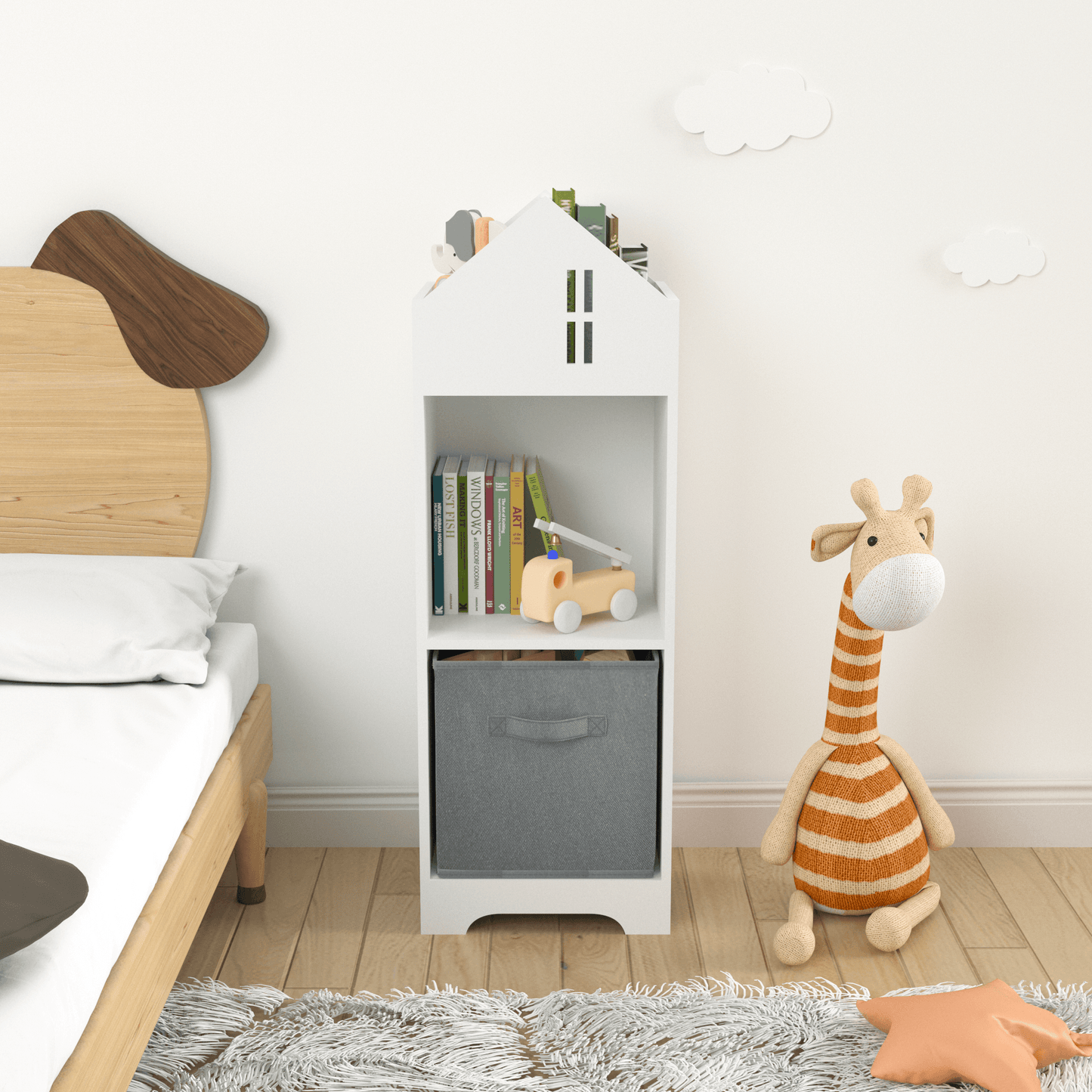 Kids Dollhouse Bookcase with Storage 2-Tier Storage Display Organizer Toddler Bookshelf (White/Gray) - FurniFindUSA