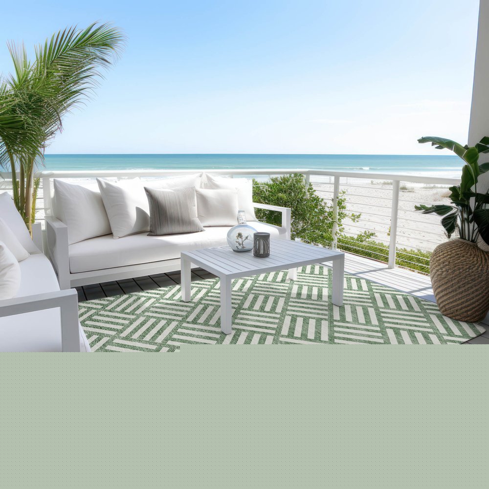 8' X 10' Green And Ivory Geometric Washable Indoor Outdoor Area Rug — view 6