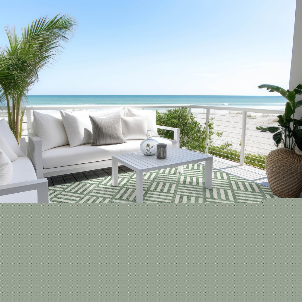 8' X 10' Green And Ivory Geometric Washable Indoor Outdoor Area Rug — view 9
