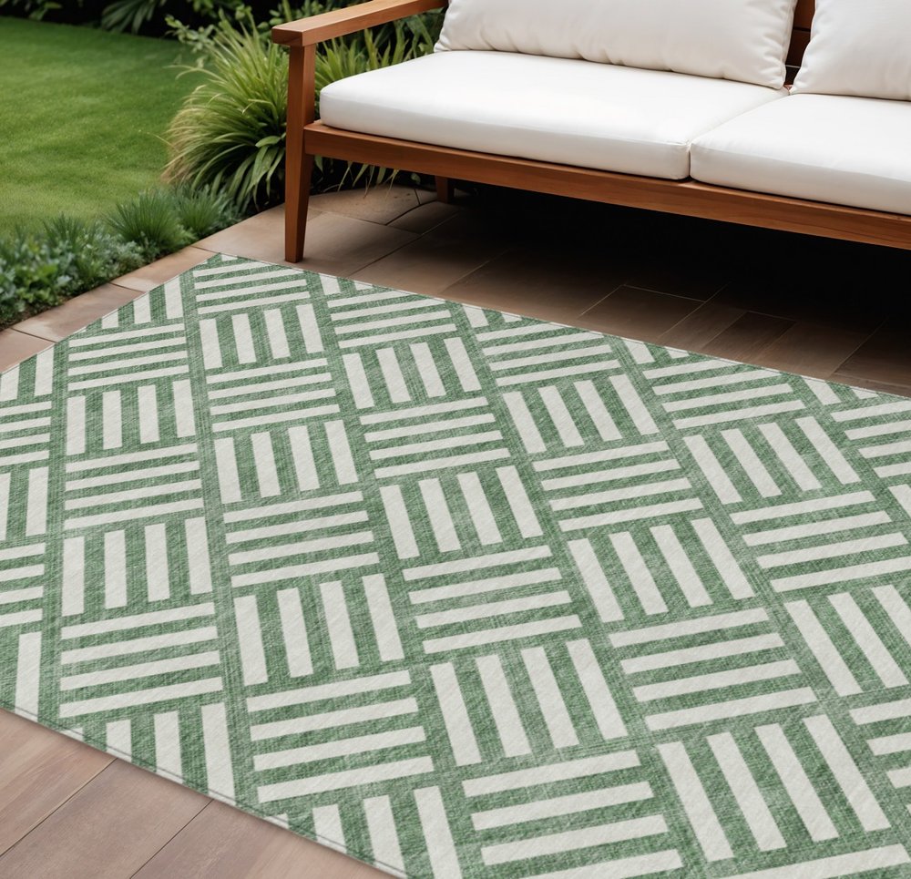 8' X 10' Green And Ivory Geometric Washable Indoor Outdoor Area Rug HomeRoots