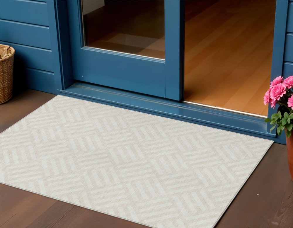 3' X 5' Ivory And Beige Geometric Washable Indoor Outdoor Area Rug — view 7