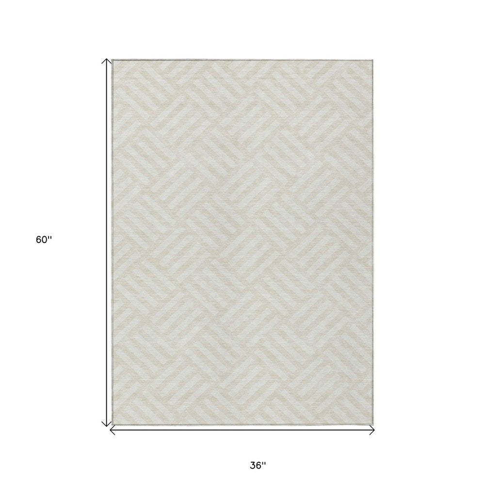 3' X 5' Ivory And Beige Geometric Washable Indoor Outdoor Area Rug HomeRoots