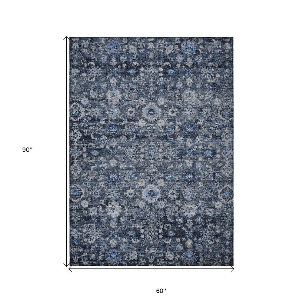 5' X 8' Navy Blue And Sky Blue Oriental Washable Indoor Outdoor Area Rug HomeRoots