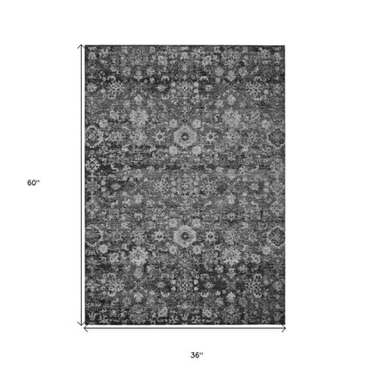 3' X 5' Gray Charcoal And Silver Oriental Washable Indoor Outdoor Area Rug HomeRoots
