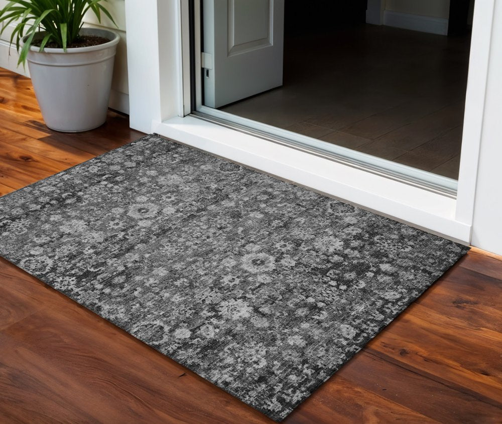 3' X 5' Gray Charcoal And Silver Oriental Washable Indoor Outdoor Area Rug — view 8