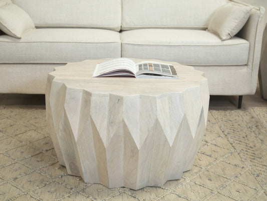 32" Off White Solid Wood Round Block Coffee Table