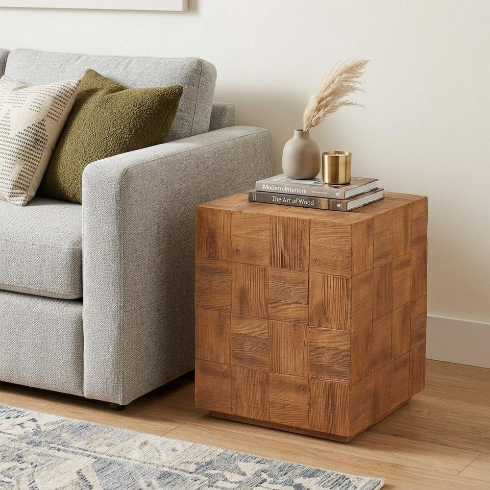 22" Natural Faux Wood Steel Block End Table HomeRoots