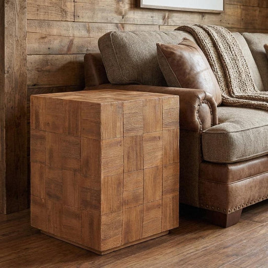 22" Natural Faux Wood Steel Block End Table